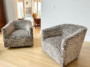 Draped in Style, Louisville’s premier drapery experts, feature modern armchairs with geometric maze pattern in bright room with light wood floors.